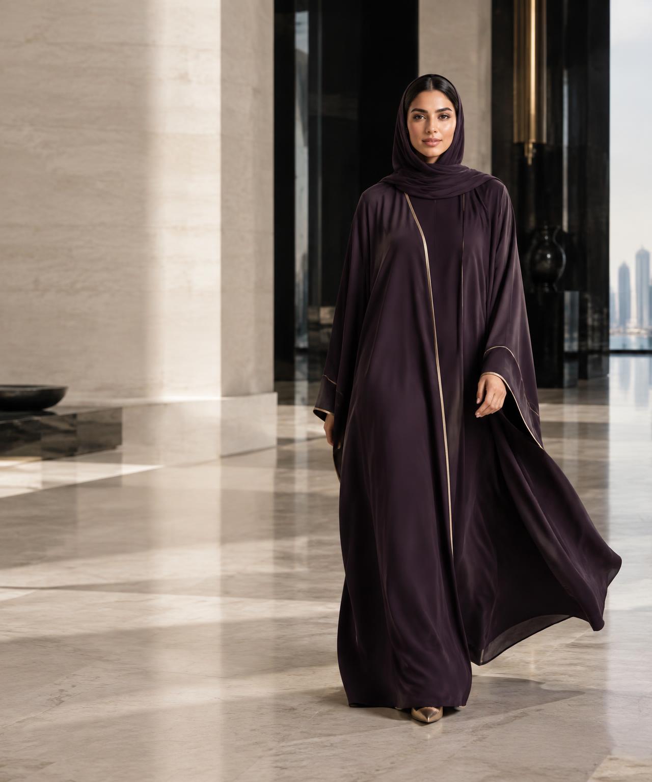 Woman walking in Patrinetra's blackberry abaya